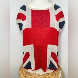 Union Jack Flag Knit Sweater Top Puff & Bear Stacatto Short Sleeve British UK